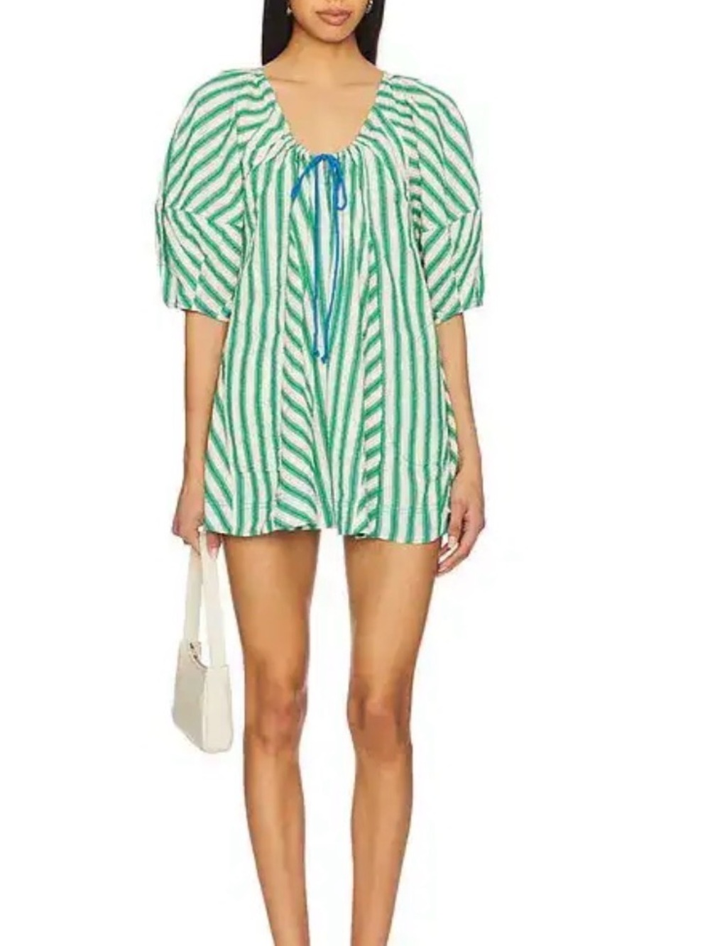 Free People Green and White Striped Mini Dress with Blue Tie